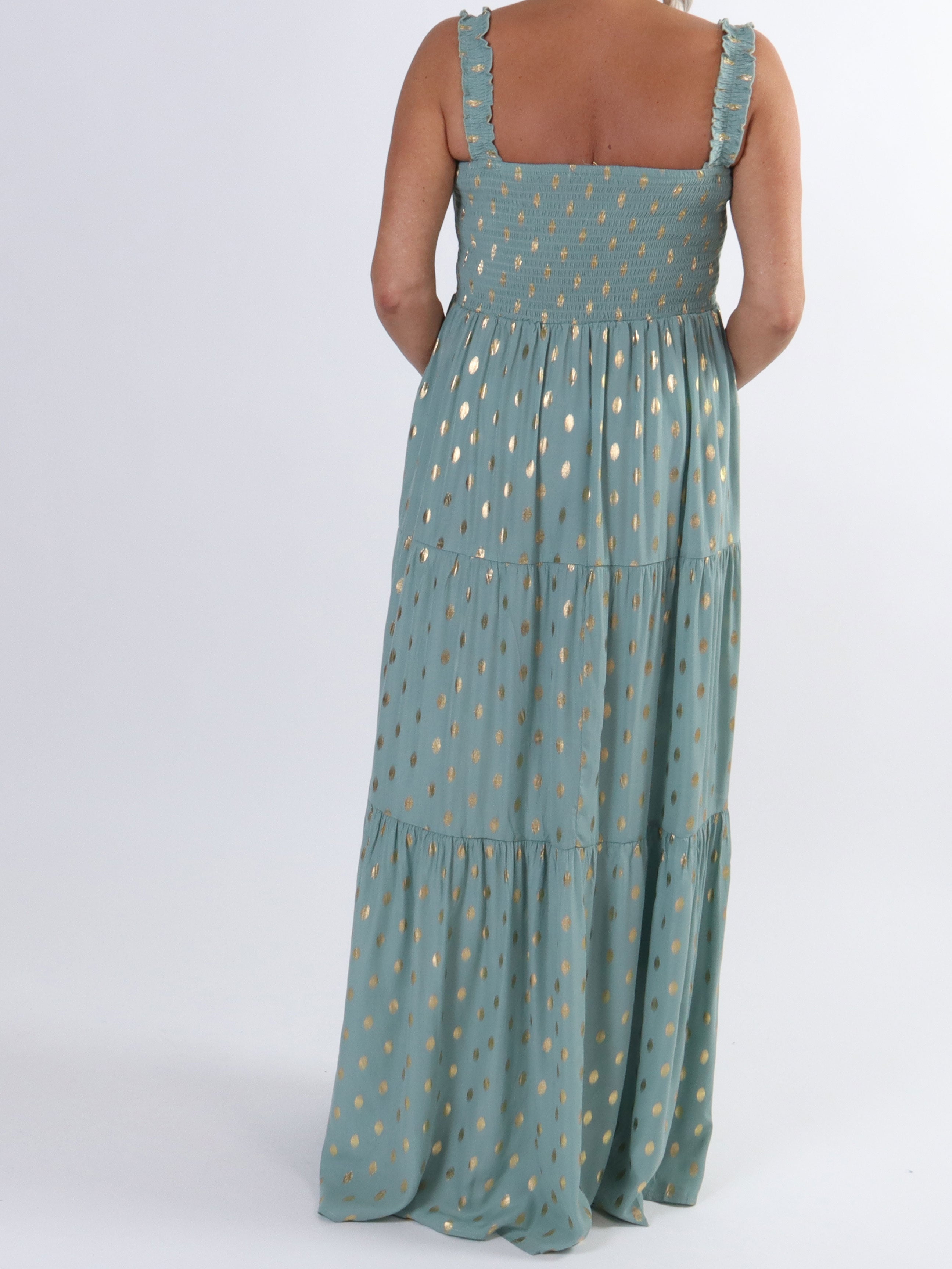 Emma - Lang kjole med smock henover brystet og guld detaljer